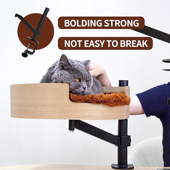 Cat Bed Desk with Pet Mat, Cat Hammock for Desk, ZBUQ Cat Bed Desk with Wooden Bowl, 360° Rotation and Adjustable Height, Light Brown