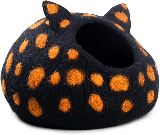 Woolygon Wool Cat Cave Bed - Handcrafted 100% Merino Wool, Eco-Friendly Felt Cat Cave for Indoor Cats and Kittens (Black Polka)