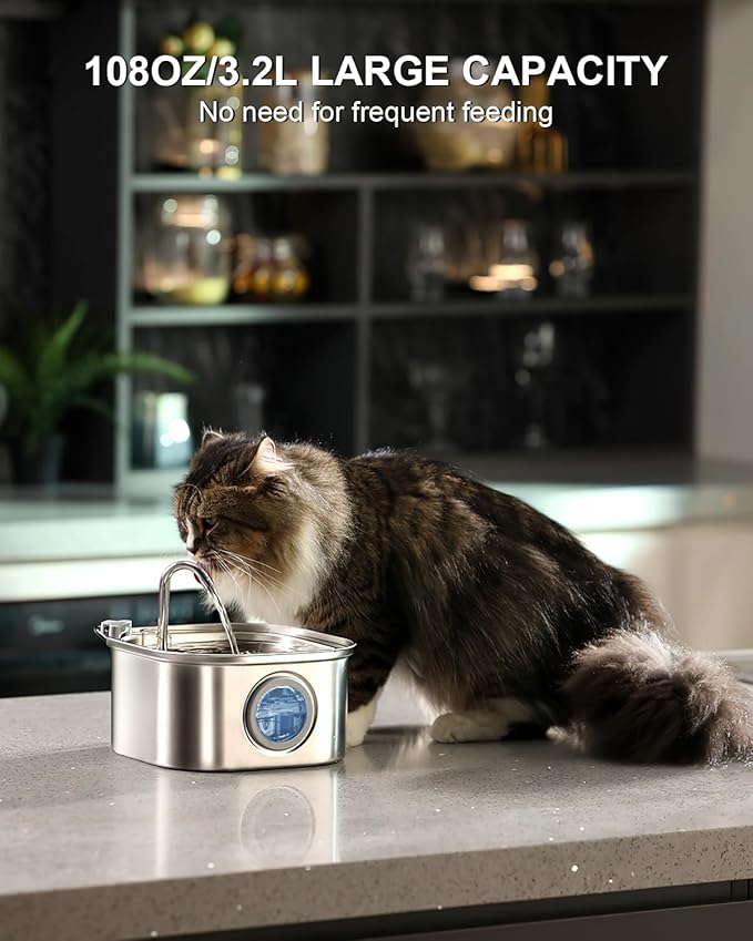 Cat Water Fountain Stainless Steel: 108oz/3.2L Automatic Pet Water Fountain - Dog Water Dispenser with Water Level Window - for Cats Inside with 8 Replacement Filters and 8 Sponges
