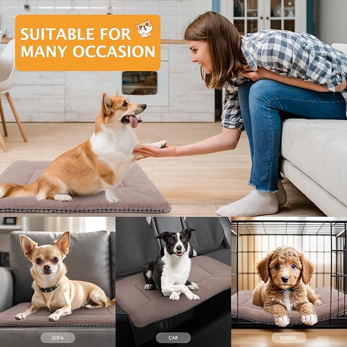 Reversible Dog Bed Mat with Plush and Corn Velvet,Soft Warm Pet Cushion, Dual Purpose Washable Sleeping Mattress Bed for Small Medium Large Dog and Cat XB004 (18 * 13", Khaki)