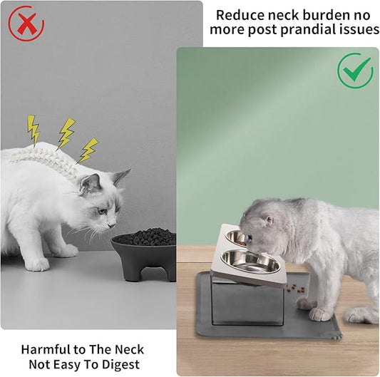 Upgraded Elevated Cat Bowls with Food Mat,15°Tilted Stand Anti Vomiting Raised Cat Dishes for Food and Water,2 Stainless Steel Bowls for Cats and Puppy(Gray)