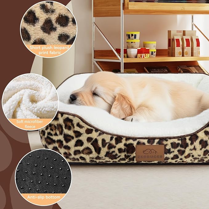 Rectangle Cat Dog Bed for Large Medium Small Pets Indoor Outdoor Machine Washable Sleeping Sofa Non-Slip Bottom Soft Puppy Bed Durable Orthopedic Calming Pet Cuddler (Medium, Leopard)