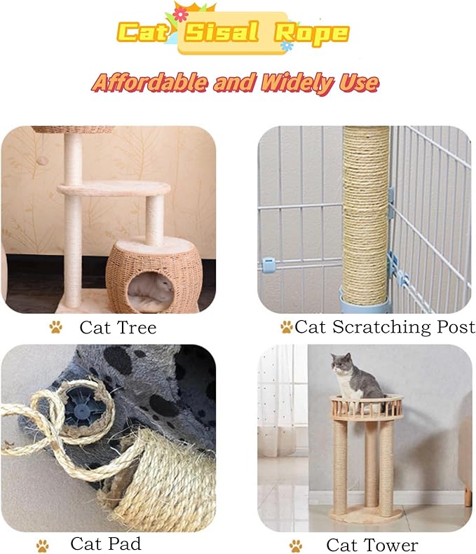 White and Green Sisal Rope 20M 6mm, Natural Premium Durable Unoiled Cat Sisal Rope for Repairing, Recovering or DIY Scratcher, Twisted Thicker Fiber Hemp Rope for Cat Tree and Tower