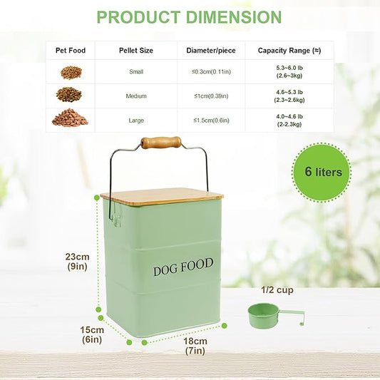 Dog Food storage container Dog Treats Jar,5~6 lb Metal food treats tin for Dog, pet snacks Canisters with wooden lid/handle/sevice scoop-Green