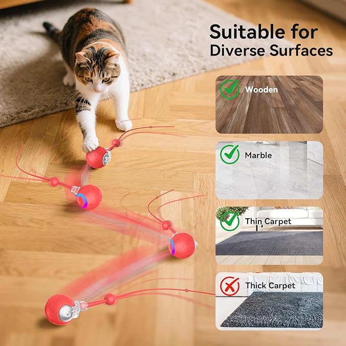 Interactive Cat Toys Ball for Indoor Cats,Automatic Kitten Toys for Bored Indoor Adult Cats,Motion Activated,USB Rechargeable(red)