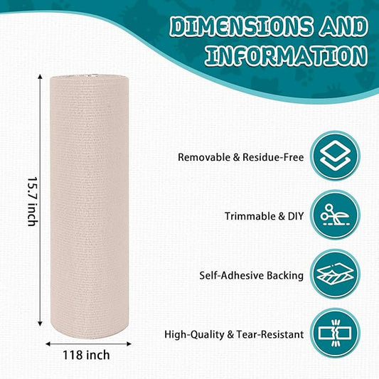 Climbing Cat Scratcher Mat Trimmable Cat Scratching Post Carpet 118’’x15.8’’ Self Adhesive Carpet Mat Pad Replacement for Cat Tree Shelves Post Couch Wall Furniture Steps DIY Protector (Cream White)