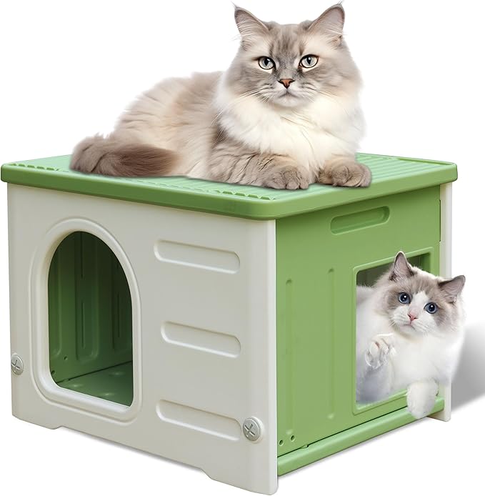 Plastic Cat House for Outdoor Indoor, Waterproof Outdoor Cat House with Escape Door for Feral Cats Outside Cat Shelter for Small Pet, Spacious, Assemble Easily -Green