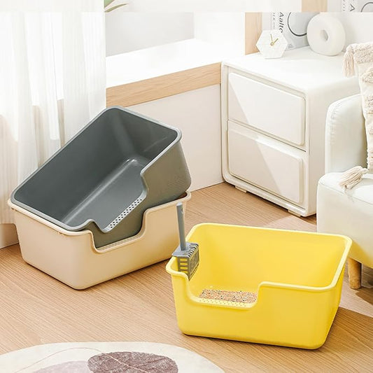 Large Cat Litter Box with High Sides,Cat Litter Pan with Low Entry,Cat Box for Indoor Kittens & Senior Cats,Anti-Splashing,Waterproof,Easy to Clean,Durable (White)