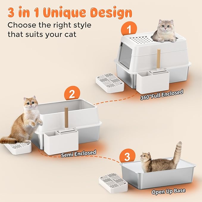 URPOWER Stainless Steel Cat Litter Box with Lid Extra Large Enclosed Litter Box for Cats Non-Sticky Metal Pan with High Sided Enclosure & Scoop, Front & Top Entry, Anti-Leakage, Easy Cleaning