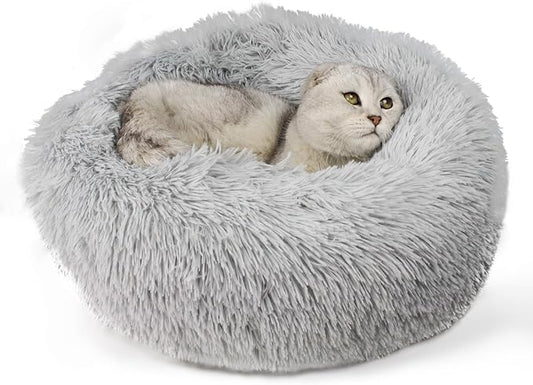 Cat Beds for Indoor Cats, Dog Bed, Cat Bed, Machine Washable, Fluffy Round Pet Bed Non-Slip, Autumn and Winter Warmth, Cuddler Cushion Self Warming (Grey, 48 inch)