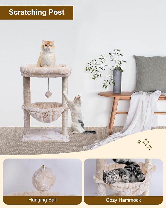 SYANDLVY Small Cat Tree for Indoor Cats, Activity Cat Tower with Scratching Post for Kittens, Cat Furniture with Basket & Hanging Ball for Play Rest, Beige