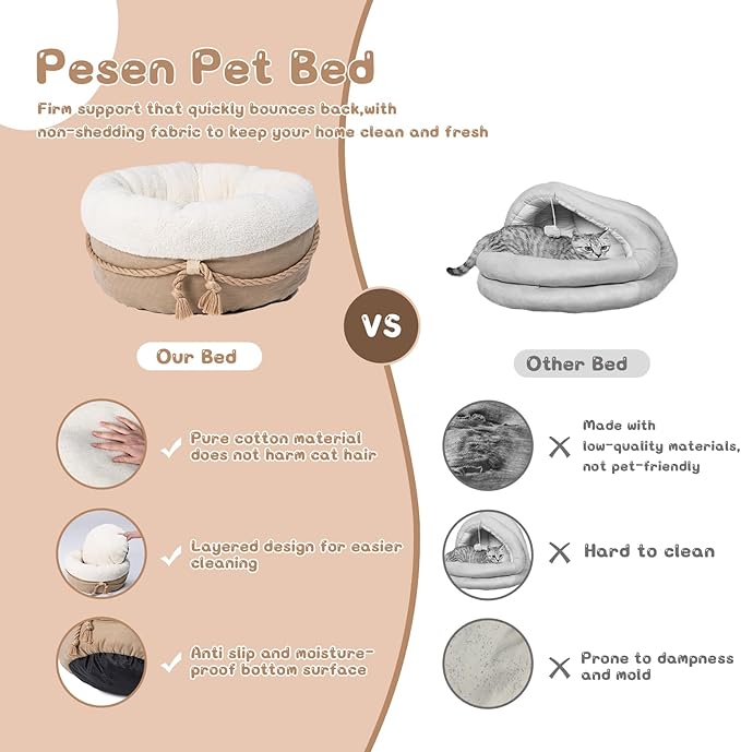 pesen Cat Bed & Small Dog Bed with Supportive Walls, Thick Bottom, Calming Donut Shape, Soft Durable Fabric, 20x20x10 Cat Beds for Indoor Cats