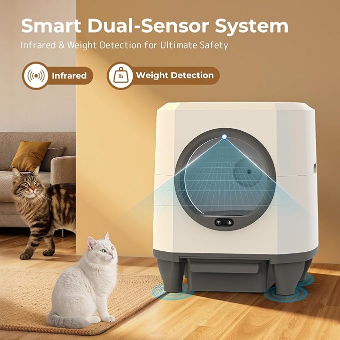 Self Cleaning Litter Box, Large Capacity Automatic Cat Litter Box with APP Control, Safety Sensors, Built-in Deodorizing Scent Box, and 1 Roll Garbage Bags ,White