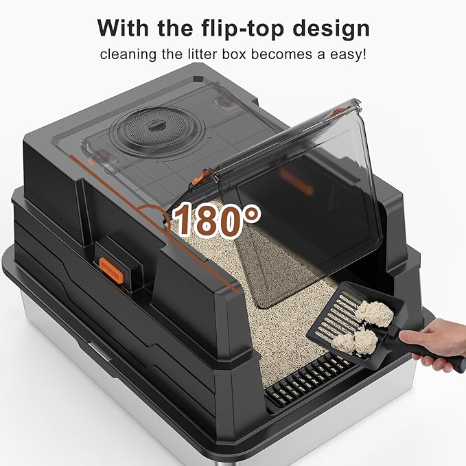 Extra Large Enclosed Stainless Steel Cat Litter Box with Lid - XXXL Giant Metal Enclosed High Sides Litter Boxes for Multi-Cat Households and Overweight Cats - Black