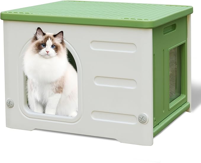Plastic Cat House for Outdoor Indoor Use, Feral Cat Shelter Indoor Stackable Cat House Insulated Weatherproof Waterproof -Green