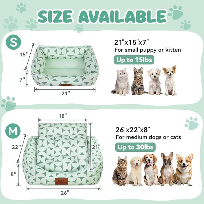 Rectangle Cat Dog Bed for Large Medium Small Pets Indoor Outdoor Machine Washable Sleeping Sofa Non-Slip Bottom Soft Puppy Bed Durable Orthopedic Calming Pet Cuddler (Medium, Green Pattern)