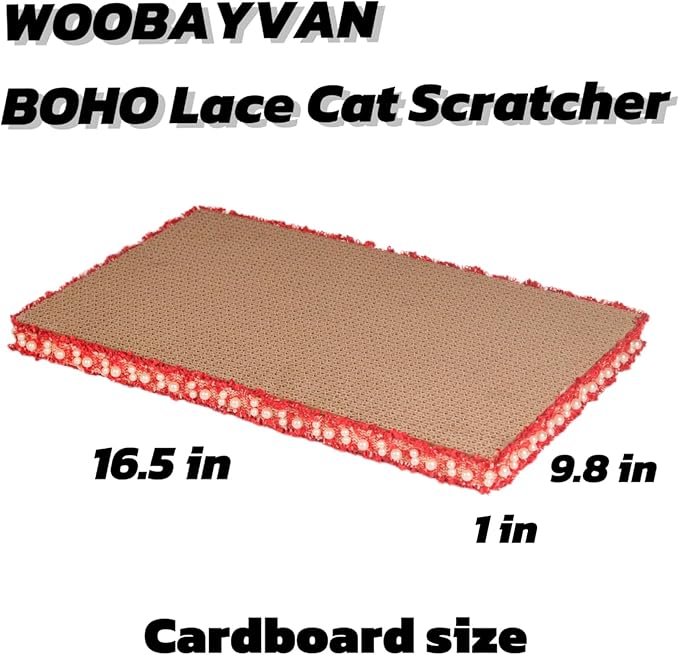 Classic Red Cat Scratch Pad, Stylish Boho Lace with Pearl Large Cardboard Cat Scratcher, Cat Scratchers for Indoor Cats, Durable Cat Scratching Board, Horizontal Scratch Pad for Cats