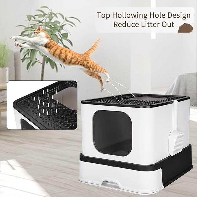 RIZZARI Stainless Steel Cat Box: Enclosed Design with High Walls - Black - Large Litter Pan for Odor Control Indoors