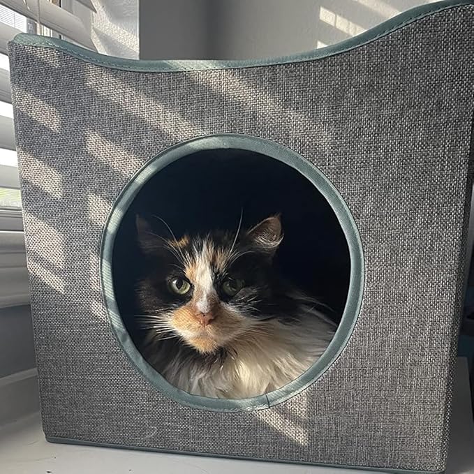 Jongee Cat Cube House Foldable Cat Condo with Reversible Cushion & Scratch Pad for Small Cats, Gray, 13”×13”×15”