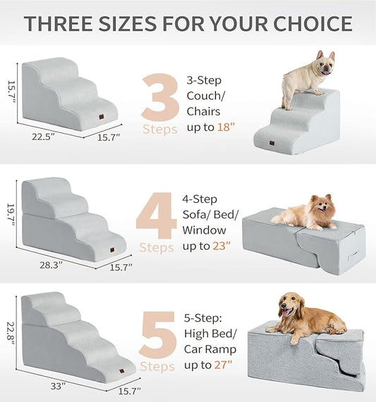 Made4Pets Dog Stairs Ramp for Small Dogs, 3-Step Dog Steps for Bed Couch Sofa and Chair, 35D Foam Pet Steps for Small Dogs and Cats, Non-Slip Bottom Pet Stairs, Light Grey