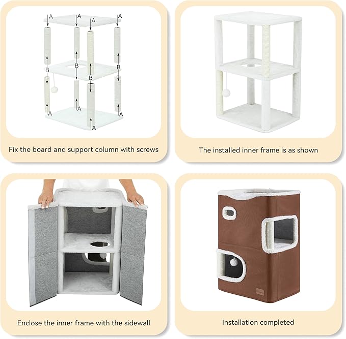 YITAHOME 2-Tier Cat House, Cat Beds for Indoor Cats, Small Cat Condo with Scratch Post and Hideaway Cave, Modern Cat Cube Playhouse for Multi Kittens, Brown