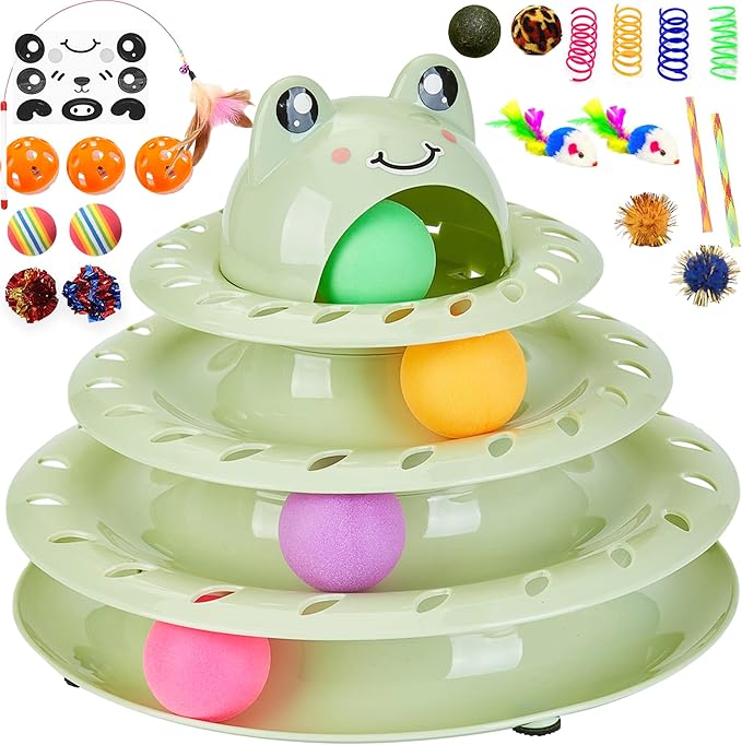 Gefryco 26pcs Cat Toys 4-Level Roller Track for Indoor Cats, Interactive Cat Toy with Colorful Balls Self Play Kitten Puzzle Toys, Fun Kitty Exercise Toys (Green)
