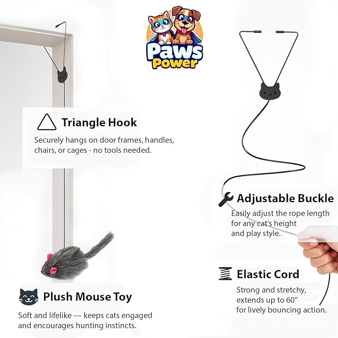 Self Play Hanging Door Cat Mouse Toy - Interactive Cat Toys for Indoor Cats - Fun Hunting Exercise for Bored Adult Cats & Kittens - Top Hanging Cat Toy for Indoor Play