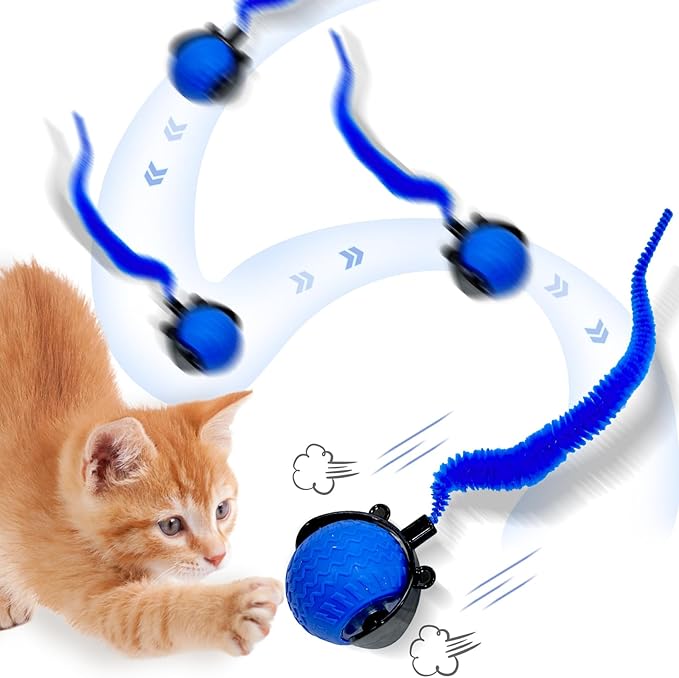 Interactive Cat Ball Toy, Upgraded Automatic Rolling Cat Ball with Tail 2.0 and Type C Cord, Touch Activated Moving Toy for Cats and Dogs (Blue)