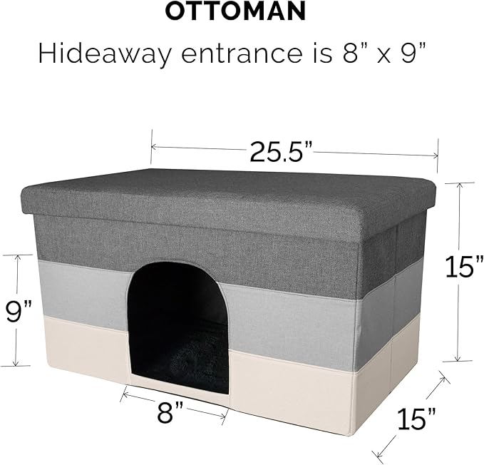 Furhaven Pet House for Indoor Cats & Medium/Small Dogs, Collapsible & Foldable w/ Plush Ball Toy - Living Room Ottoman Cat Condo - Hygge Stripe (Gray/Cream), Large