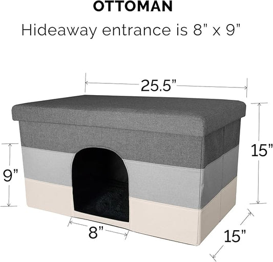Furhaven Pet House for Indoor Cats & Medium/Small Dogs, Collapsible & Foldable w/ Plush Ball Toy - Living Room Ottoman Cat Condo - Hygge Stripe (Gray/Cream), Large