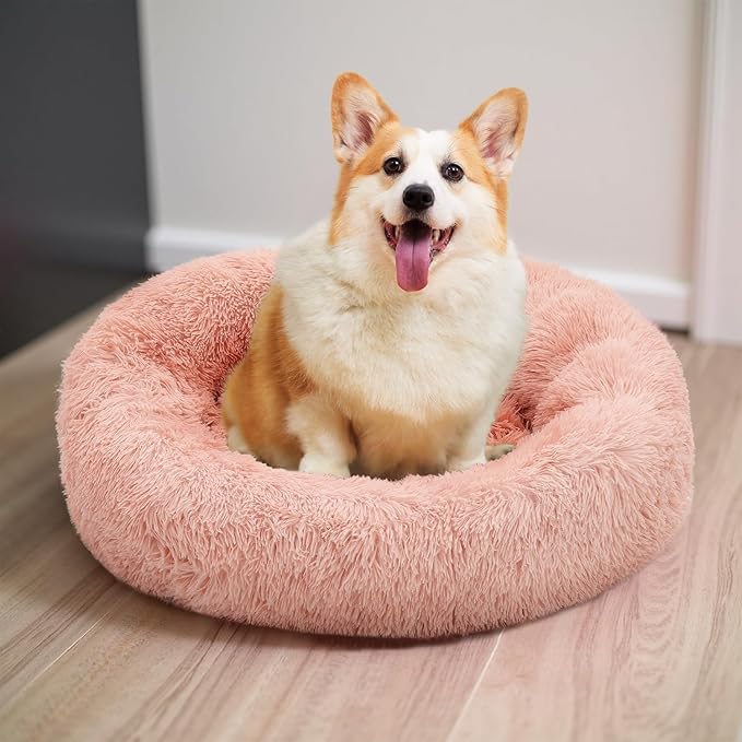 Athena Collection Washable Dog Bed Medium Size Dog, Cat Bed for Indoor Cats, 31 Inches Fluffy Faux Fur Round Pet Bed Calming Cozy Soft Warming Donut for Medium Puppy Kitten, Beige