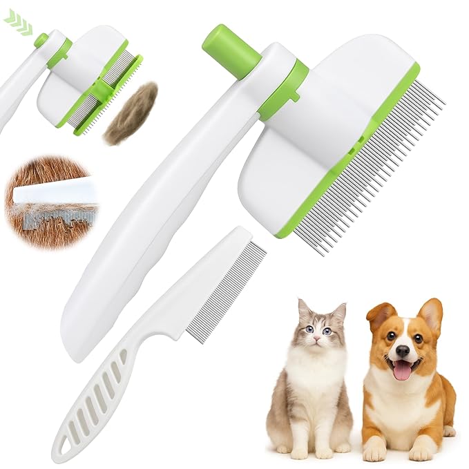 XANGNIER Rotatable Flea Comb for Cats Dogs Kittens Rabbit,Self Cleaning Pet Flea Comb Grooming Brush for Shedding and Detangling,Fine Tooth Tick Lice Comb for Short & Long Pet Hair Removal Tool,2 Pcs