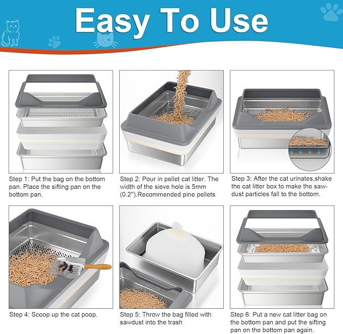 28''L×20''W×10''H XXXL Stainless Steel Sifting Litter Box with Lid,Sifting Cat Litter Box for Wood Pine Pellets,High Sides Sifter Litter Pan System,Odor Control,Easy to Clean,with Liners and Scoop