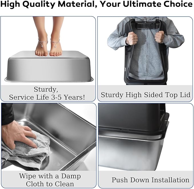 Stainless Steel Litter Box with Lid, 24" XL Extra Large High-Sided Metal Cat Litter Box for Multiple Cats,Anti-Leakage & Non-Stick, Easy to Clean, Includes 2 Scoops&Deodorizer Box, Black