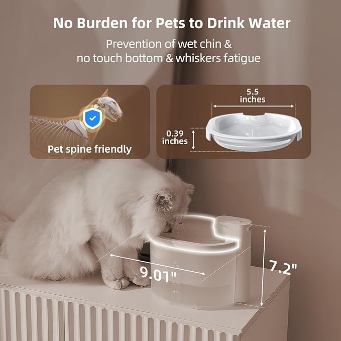 uahpet Cat Water Fountain, Wireless & Battery Operated 2L/67oz Pumpless Automatic Pet Fountain with Motion Sensor, Food-Grade ABS Tray, Easy to Clean Water Dispenser for Cats