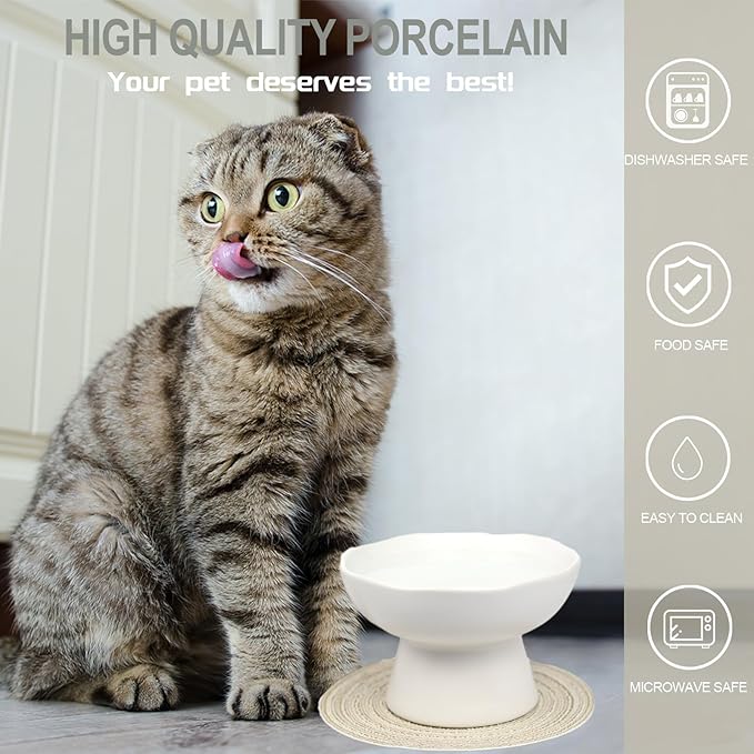 6.1" Wide 1.57" Deep Elevated Cat Water Bowls, Ceramic Raised Food Plate,Cat Feeder,Anti Vomiting Whisker Fatigue,White