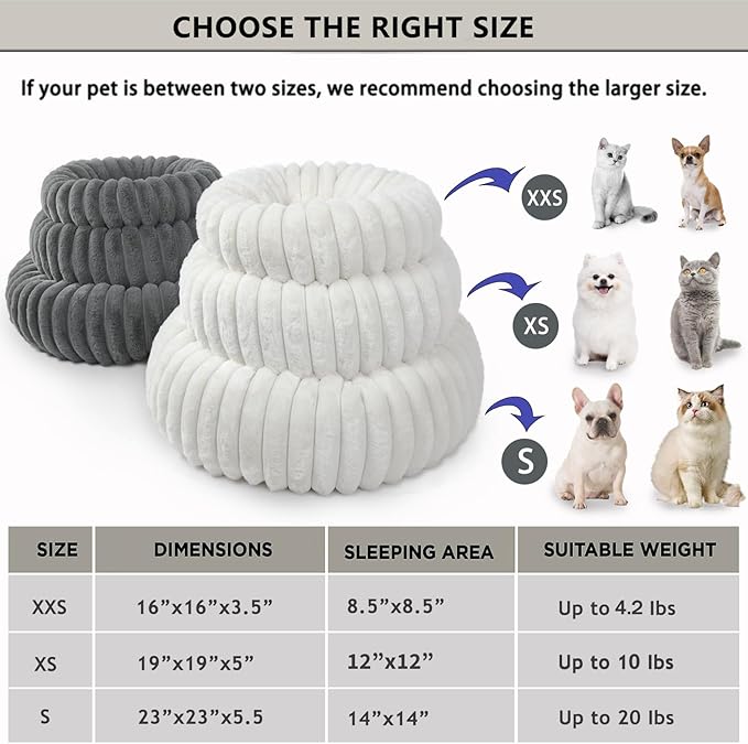 Donut Dog Bed for Small Dogs & Cats - Comfort Anti-Anxiety Calming, Washable & Anti-Slip, Cozy Soft Round Pet Beds for Puppy & Kitty, 19x19 Inch, Warm Grey