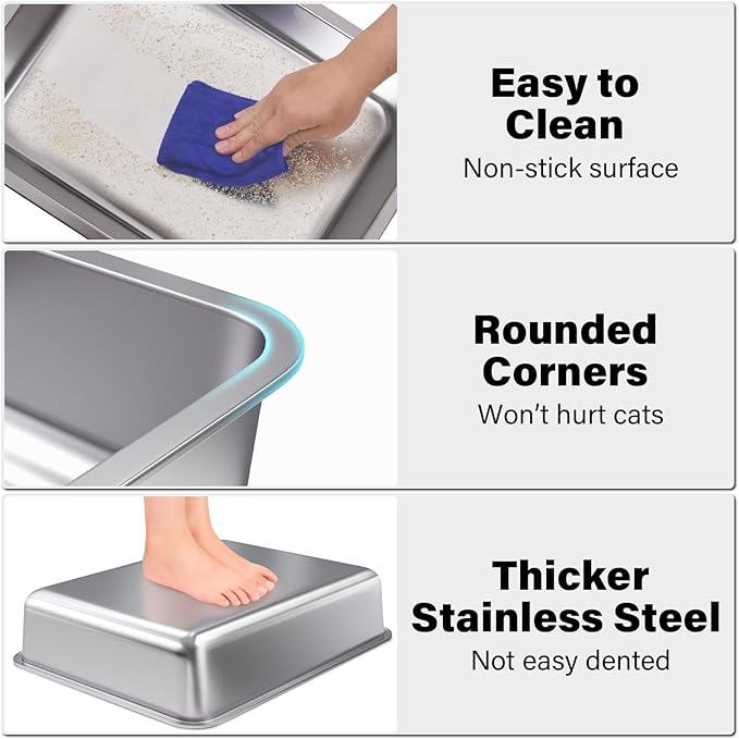 Stainless Steel Litter Box Small to Medium,17.7" x 13.7" x 4" Litter Box for Kittens,Easy Clean Non Stick Easy Entry No Smell Metal Litterbox for Senior Cats or Short Legged Cat/Bunny