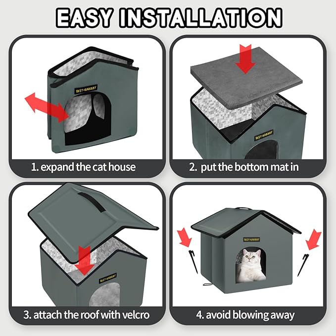 Rest-Eazzzy Cat House for Outdoor Cats, Weatherproof and Insulated Feral Cat House with Mat and Clip, Easy to Put Together, Selfwarming Cat Shelter for Winter(Grey, Waterproof House-S)