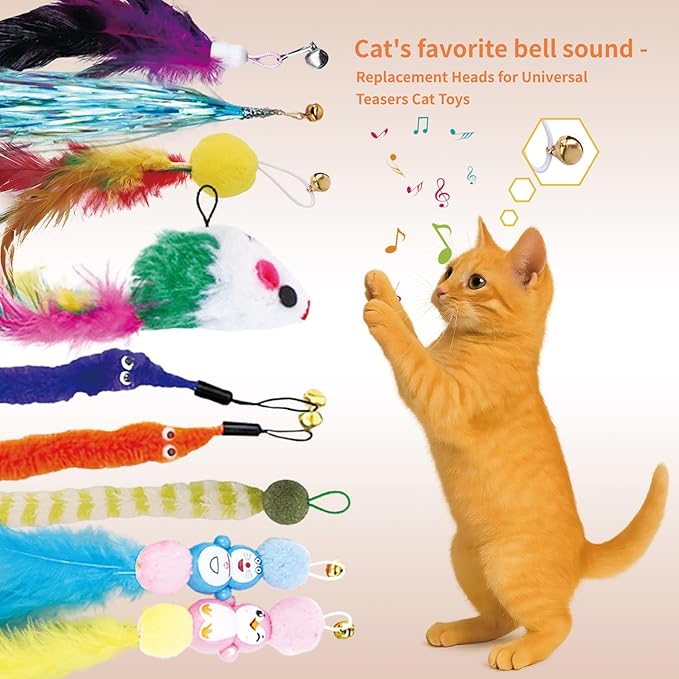 15PCS Cat Wand Toy Accessories, Cat Feather Toy Attachments Replacements, Mouse Toy and Tassels Strip for Indoor Cats Kitten