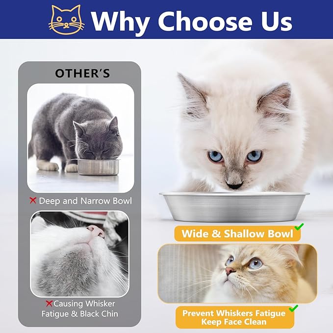 2-Pack Stainless Steel Cat Food Bowls – Deep Whisker-Friendly Non-Slip Silicone Base,Easy to Clean Indoor Feeding Dishes(5.9")