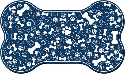 Dog & Cat Food Mat Bone Shaped Pet Feeding Mat Quick Absorb Water Bowl Placemat with Rubber Backing Indoor Floor Stain Resistant Pet Accessory Supplies (Blue, 17x29 Inches)