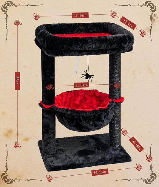 SYANDLVY Gothic Cat Tree with Coffin Bed for Indoor Cats, Activity Cat Tower with Scratching Post for Kittens, Cat Condo Furniture with Basket & Spider Hanging Ball for Play Rest