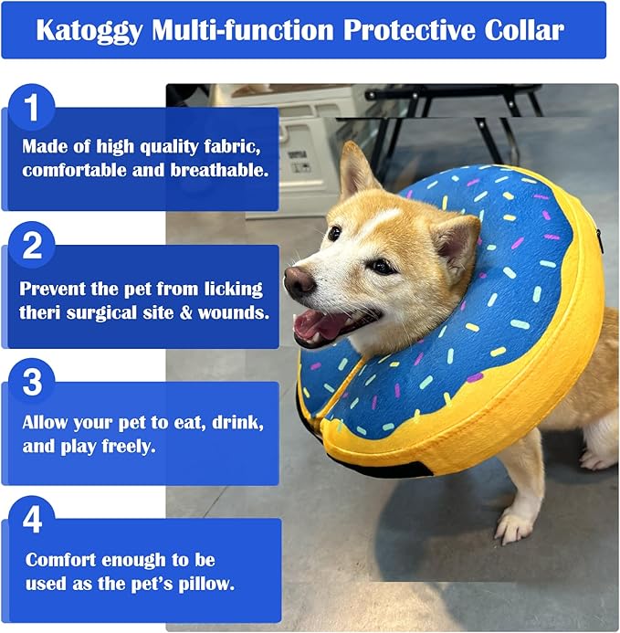 Katoggy Inflatable Dog Cone Collar for Post-Surgery Dogs & Cats, Soft Adjustable Blow-Up Donut E-Collar for Small, Medium & Large Pets