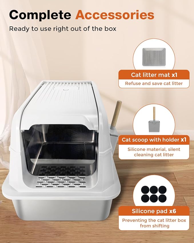 Stainless Steel Litter Box with Lid - Extra Large Cat Litter Boxes for Big Cats with Mat & Scoop - Anti-Leakage, Odor-Proof, High-Sided, Non-Stick& Easy to Clean - Ideal for Multi-Cat Homes - White