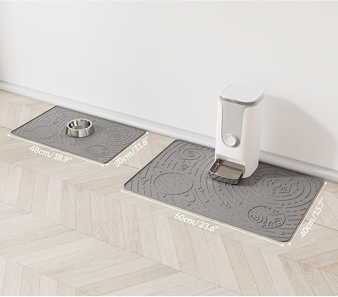 OHMO Dog Food Mat, Silicone Waterproof Cat Food Mat, Non-Skid Spill Proof Pet Feeding Mat for Food and Water, Easy to Clean Dog Placemat(Grey, 18.9" x 11.8")
