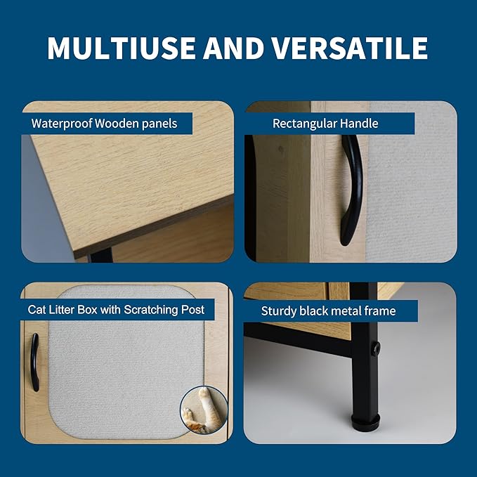 Modern Cat House Furniture with Metal Frame – 2-Tier Wood & Steel Cat Bed End Table, Hidden Cat Condo for Indoor Cats, 31.5" x 18.9" x 22", Rustic Natural Finish