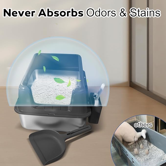 Stainless Steel Litter Box with Lid, 24" XL Extra Large High-Sided Metal Cat Litter Box for Multiple Cats,Anti-Leakage & Non-Stick, Easy to Clean, Includes 2 Scoops&Deodorizer Box, Black