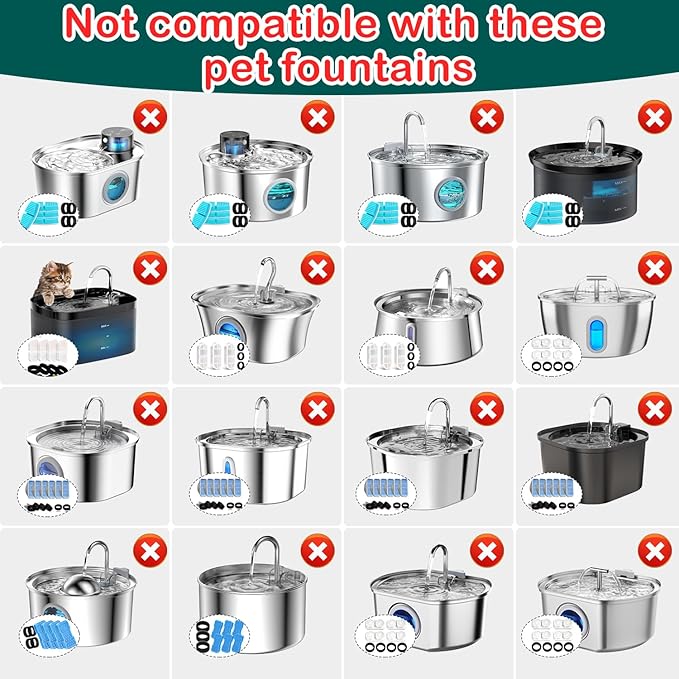 Cat Water Fountain Filter,16 Pack Cat Fountain Replacement Filters for Stainless Steel 67oz/2L Adjustable Water Flow Pet Water Fountain,Dog Water Fountain (8+8 Pack)