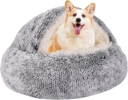 Round Hooded Cat & Dog Bed with Cover Cave, Faux Fur Cuddler - Self Warming Donut Bed Fits up to 22 lbs Pets (Gray, 24" x 24")